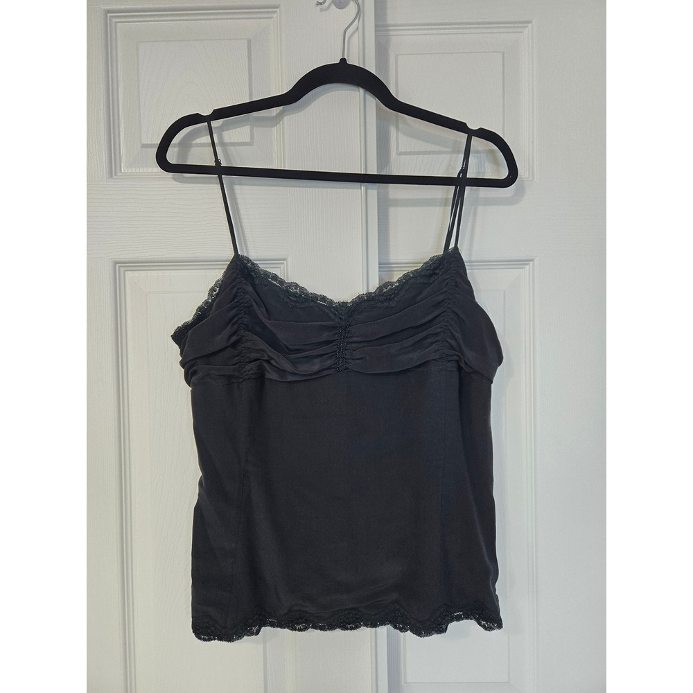 Y2k Vintage 90s Black 100% Silk Lace Trim Ruched Beaded Camisole Top Size 12